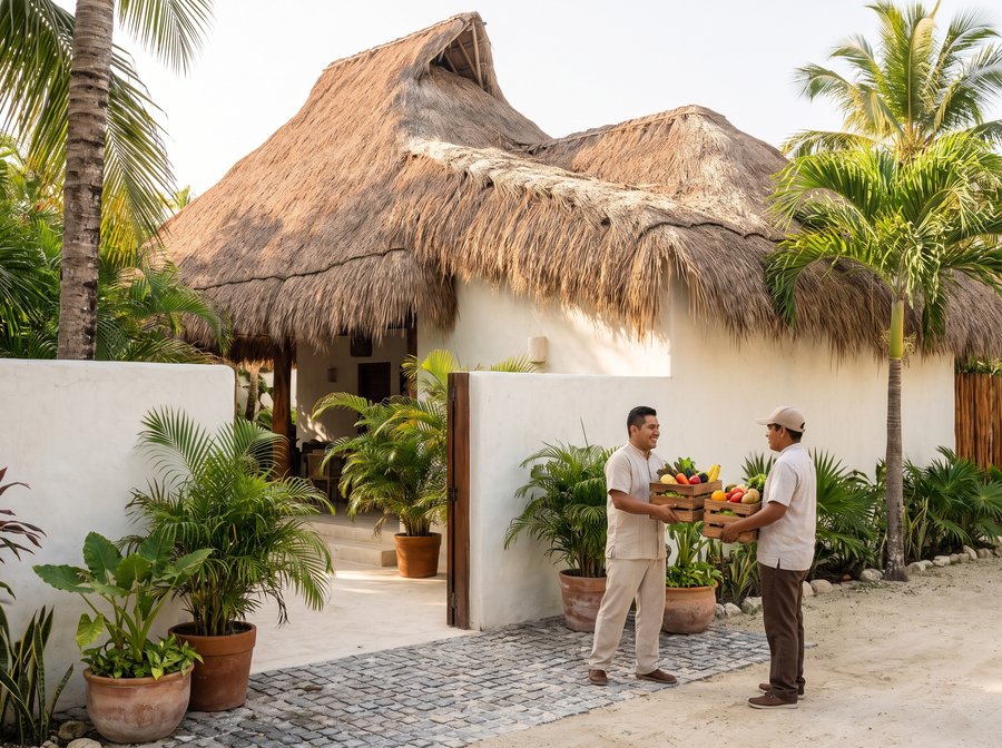 Entrega de producto fresco en la entrada de un hotel boutique de la Riviera Maya